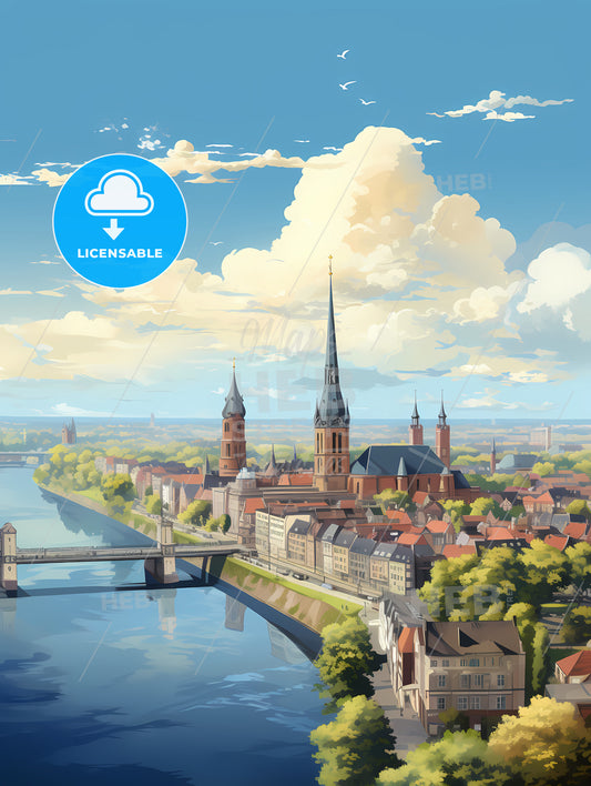 A City With A Bridge And Trees