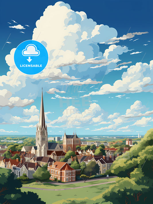 A City With A Tall Tower And Trees