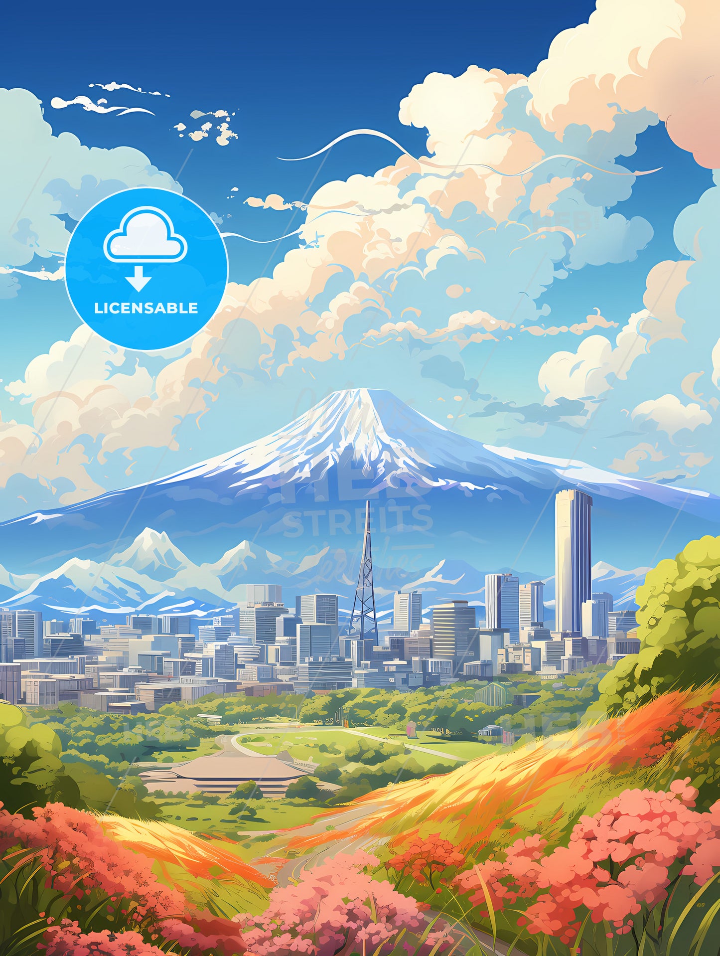 A Landscape Of A City With A Mountain In The Background