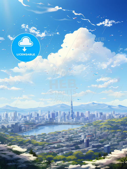 A City Landscape With A Lake And Mountains