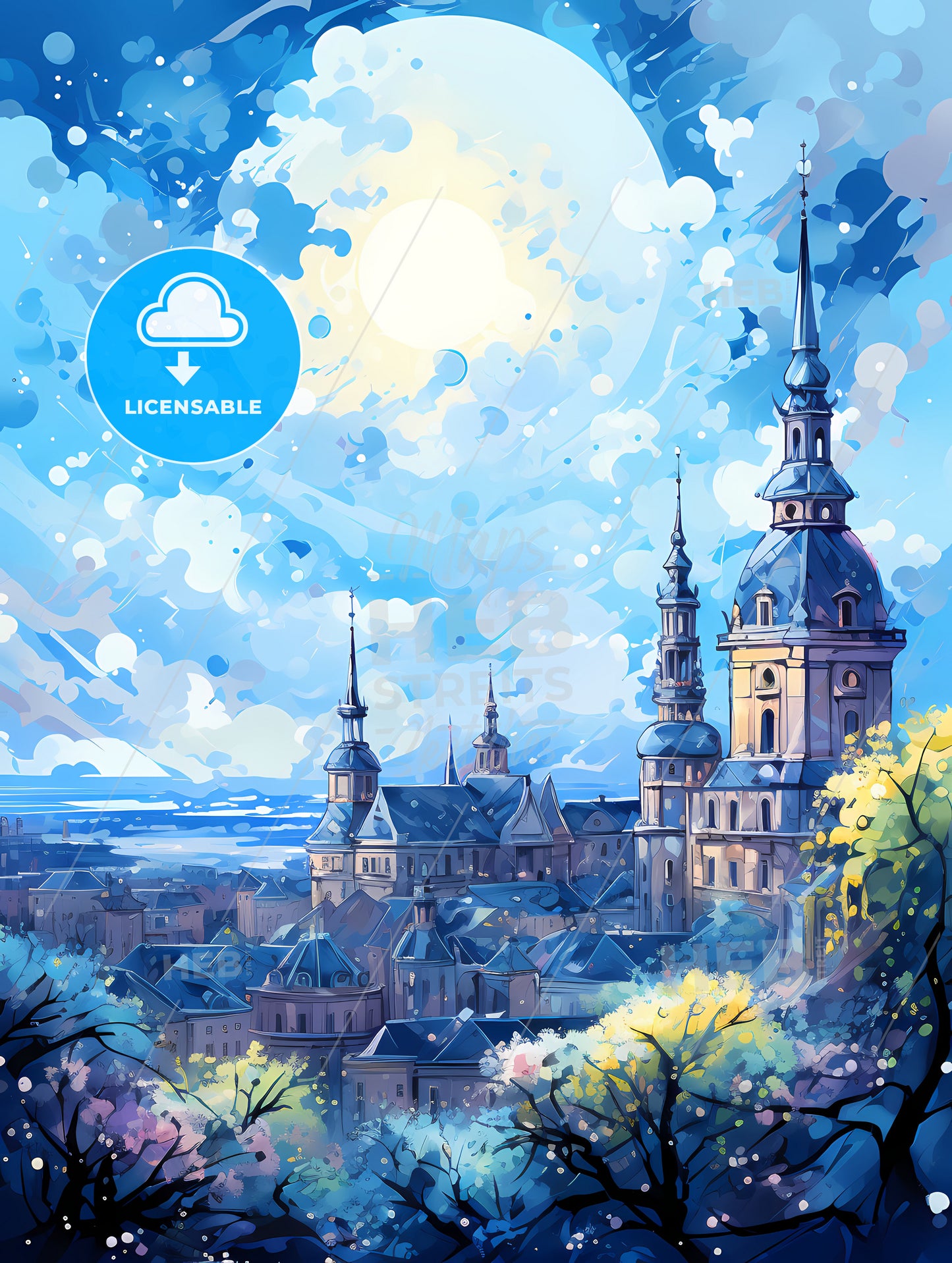 A Painting Of A City With A Large Building