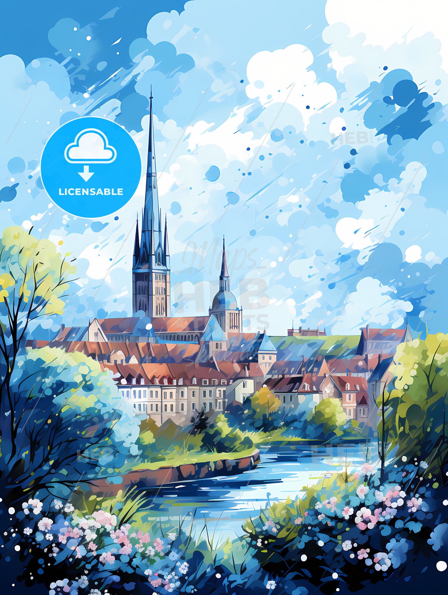 A Painting Of A City With A River And Trees