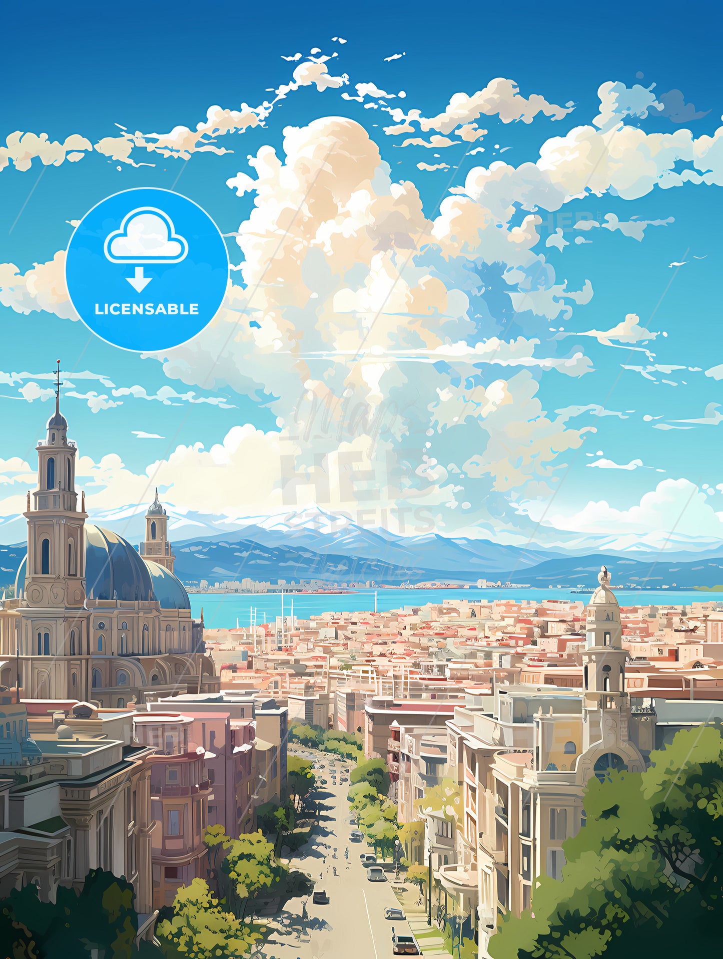 A City With A Large Building And Mountains In The Background