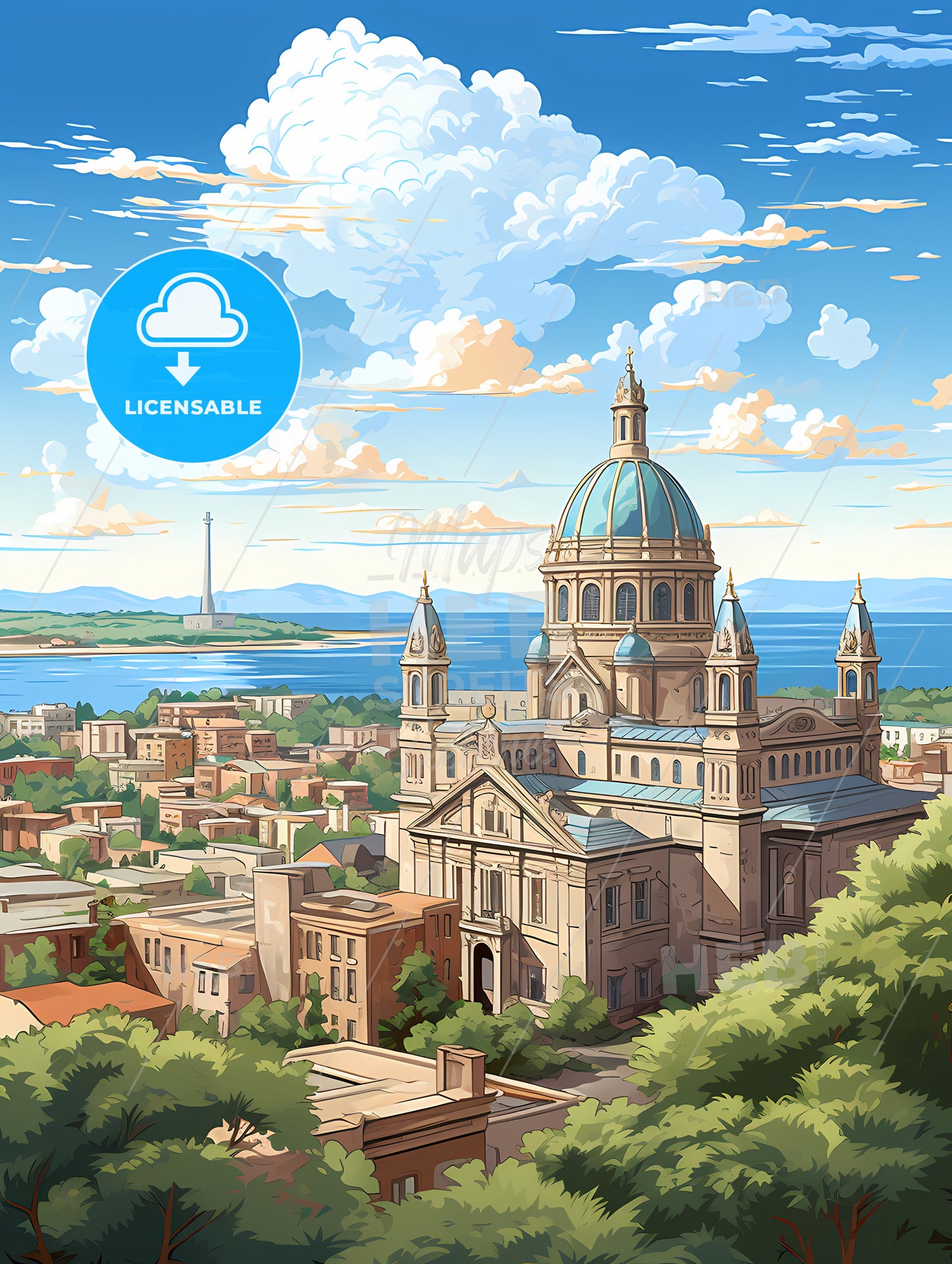 A Large Building With A Dome And A City Landscape