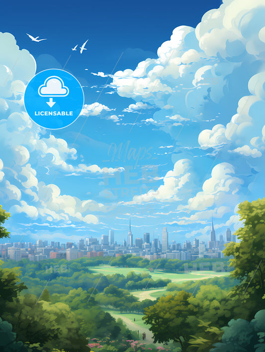 A City Landscape With Trees And Clouds