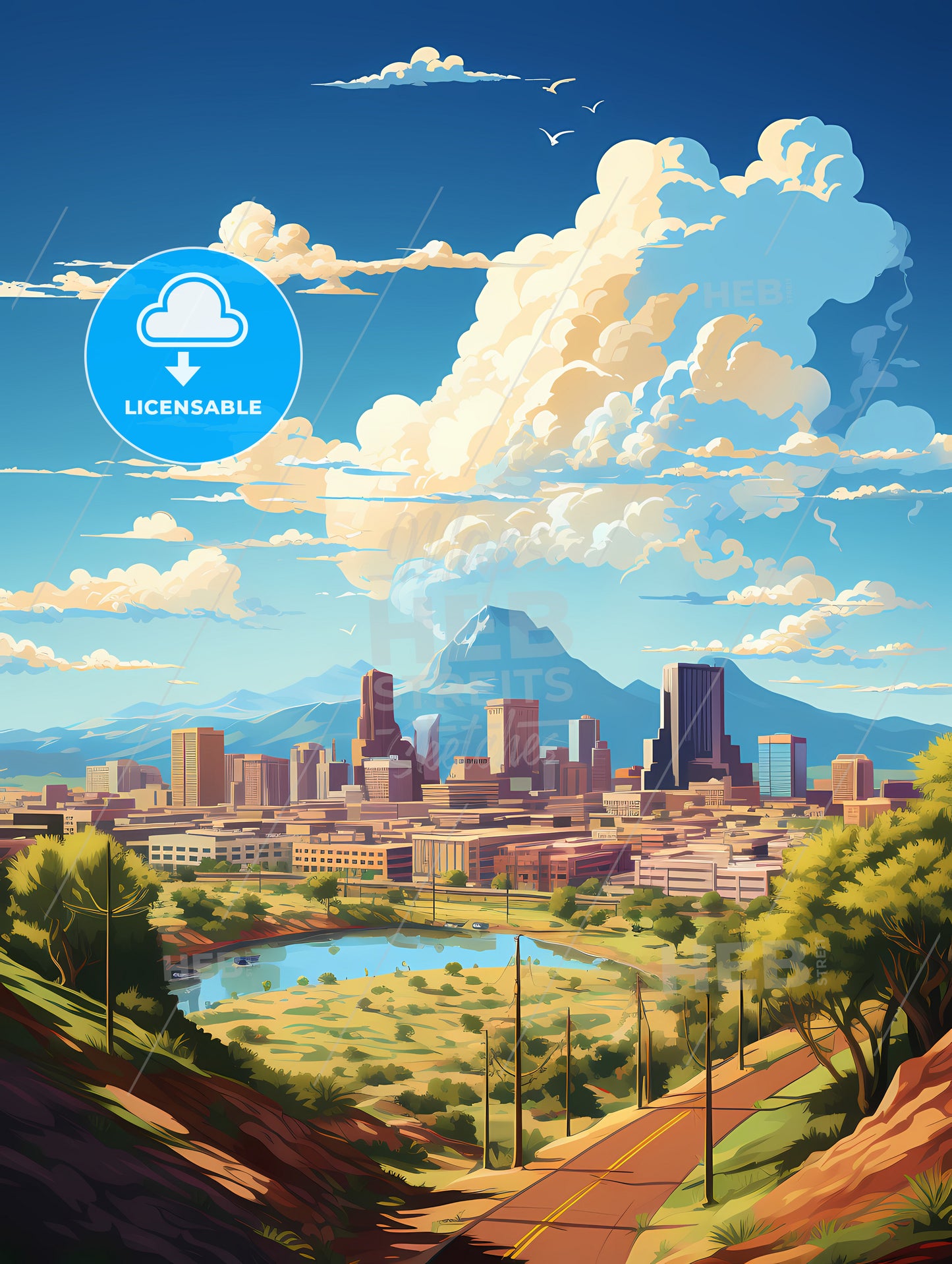 A Landscape Of A City With A Lake And Mountains In The Background