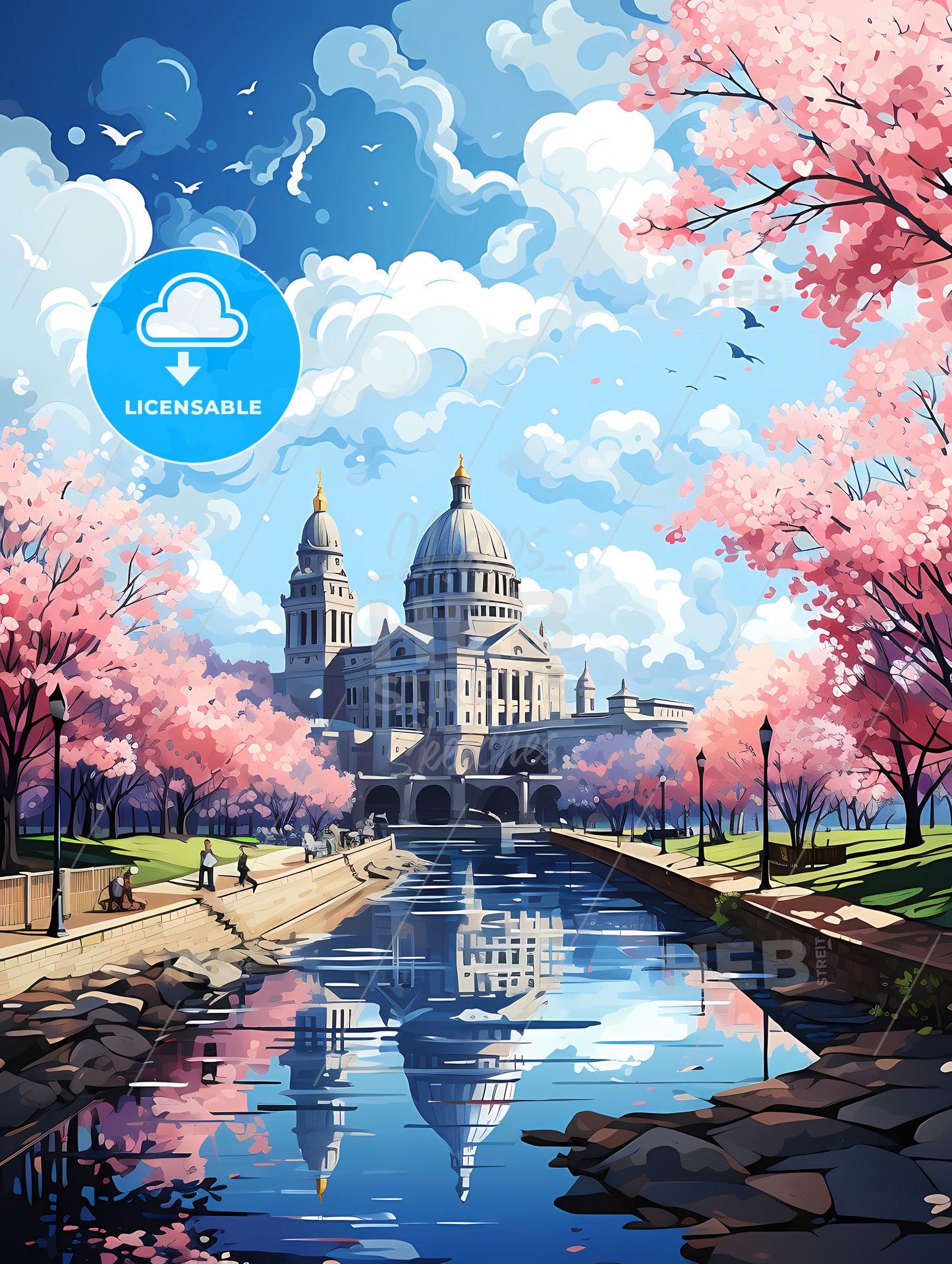 A Water Canal With A Building And Trees