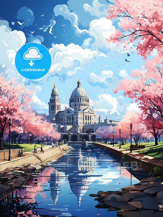 A Water Canal With A Building And Trees