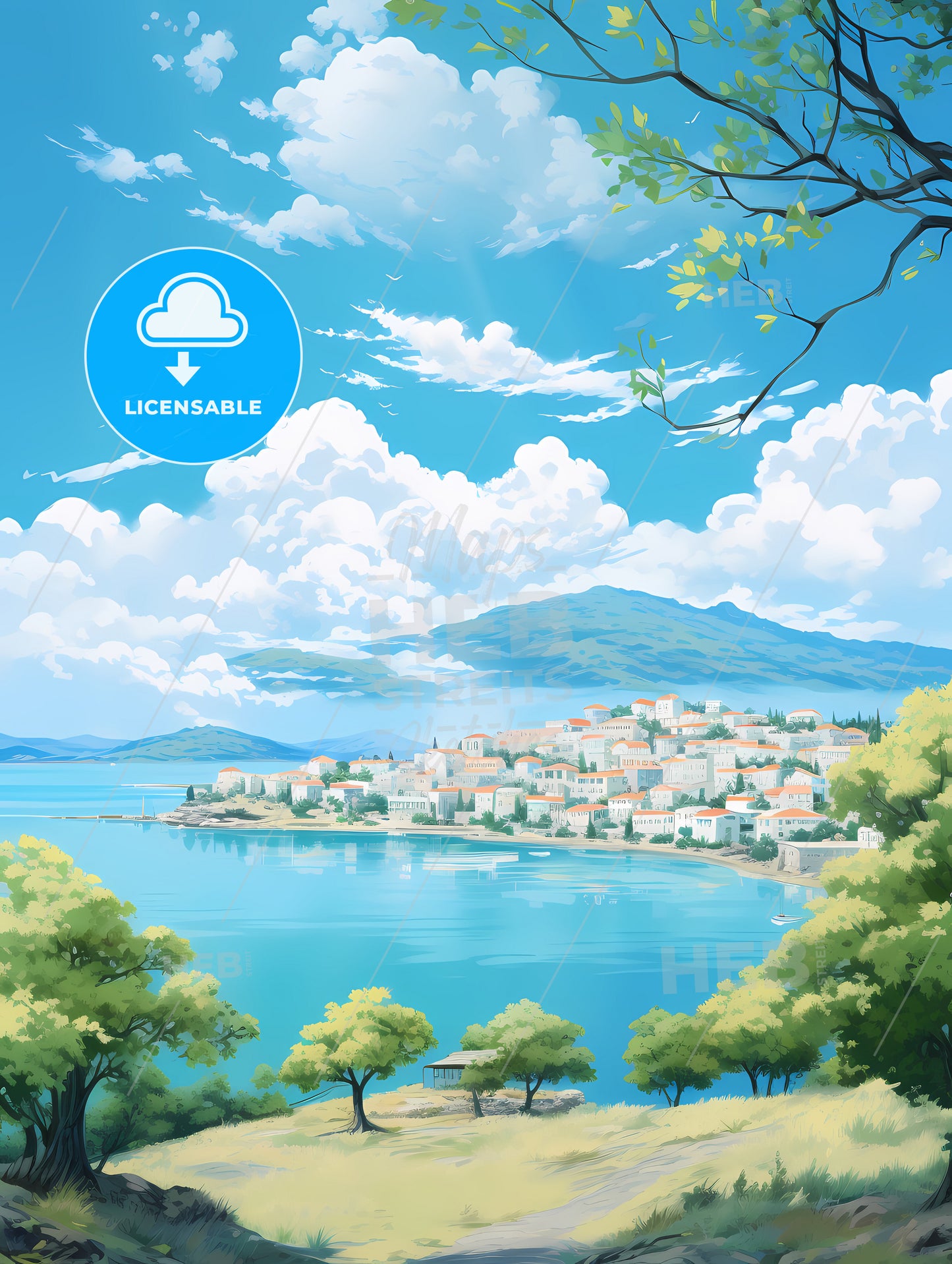 A Landscape Of A Town By A Body Of Water