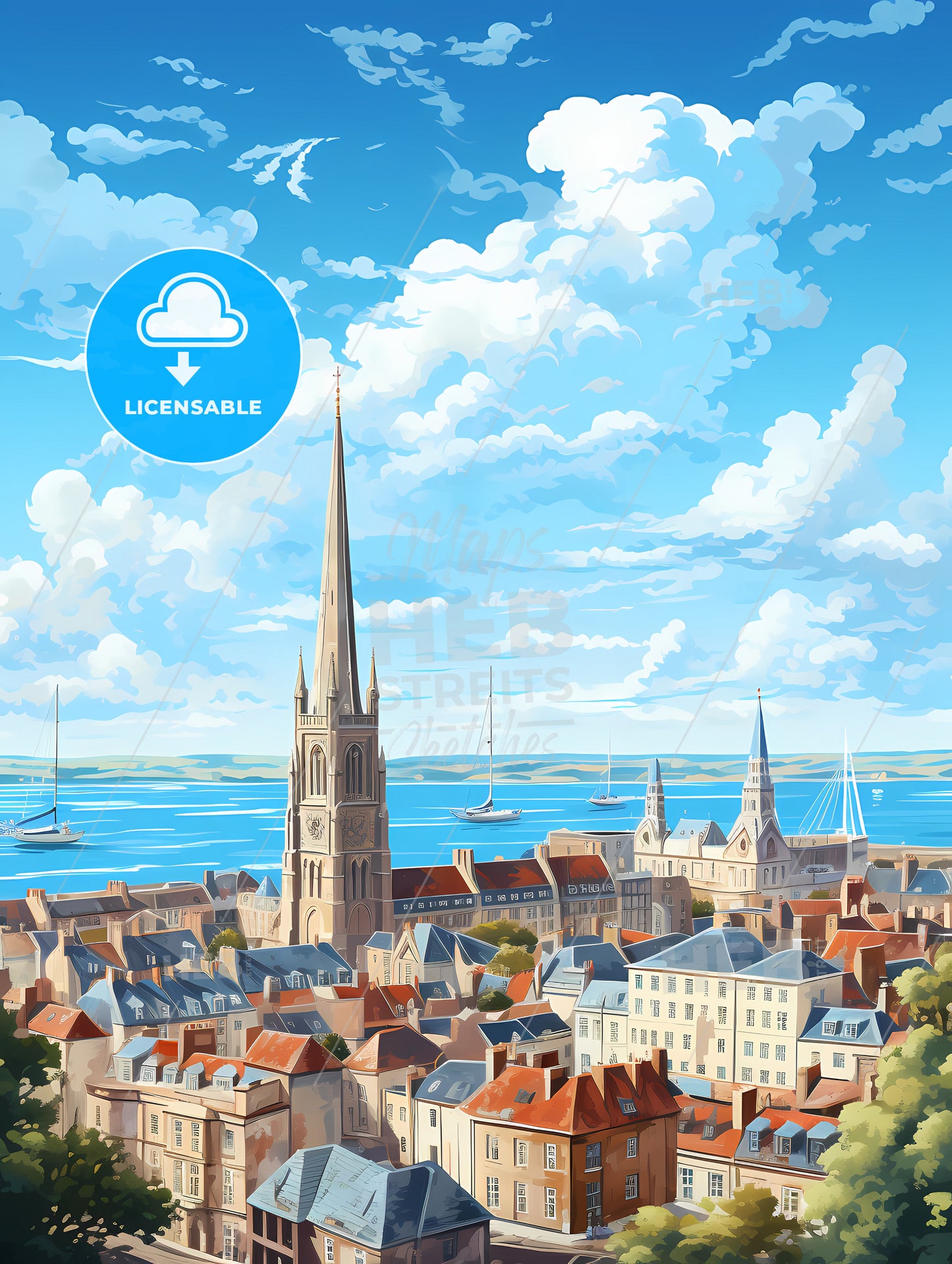 A City With A Tall Tower And Many Buildings And Boats In The Water