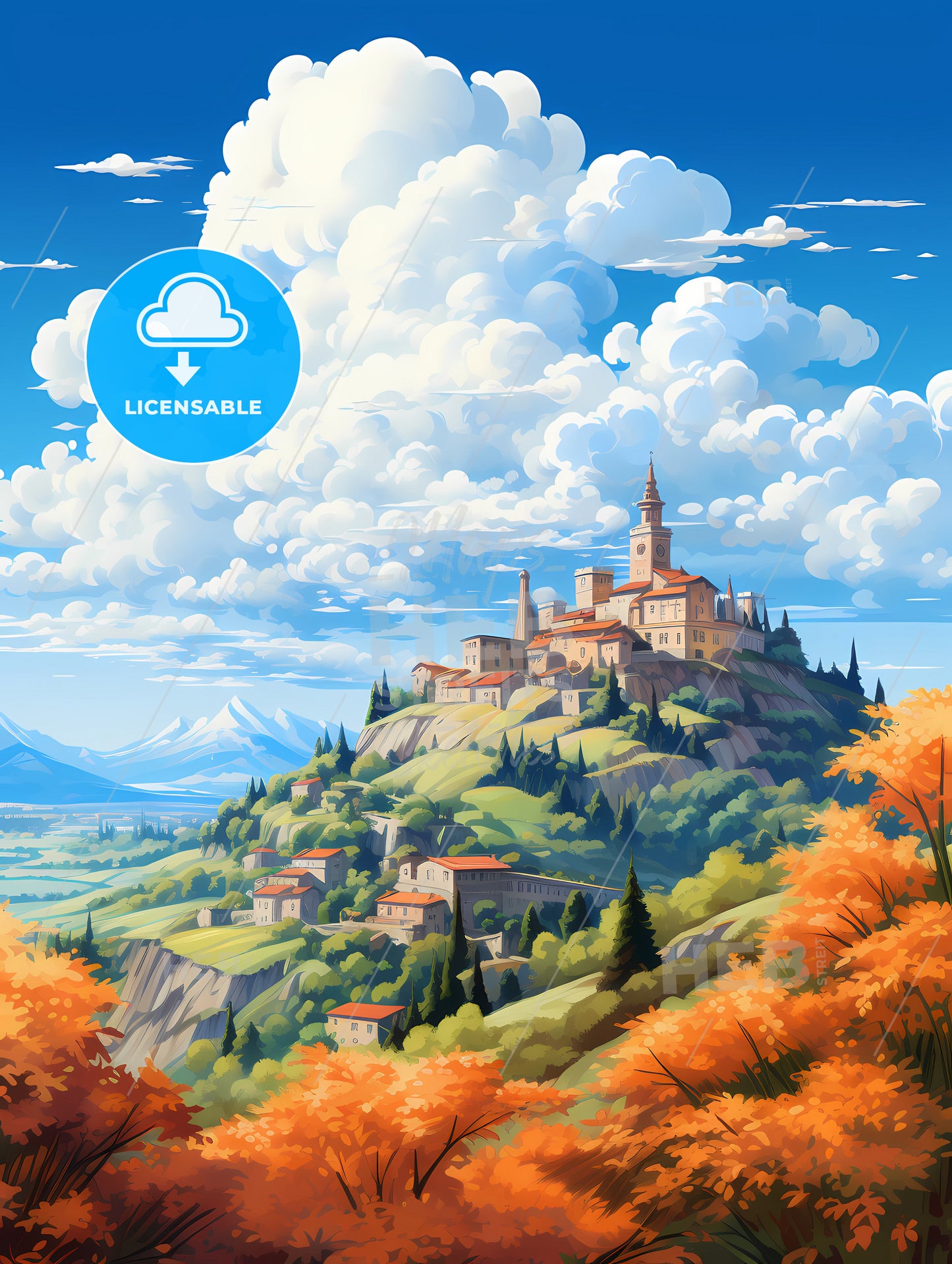 A Landscape Of A Village On A Hill With Trees And Clouds