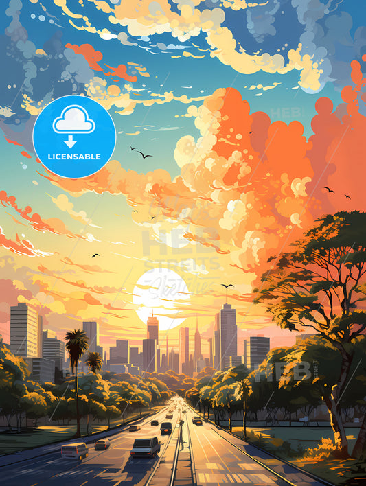 A Road With Trees And A City In The Background