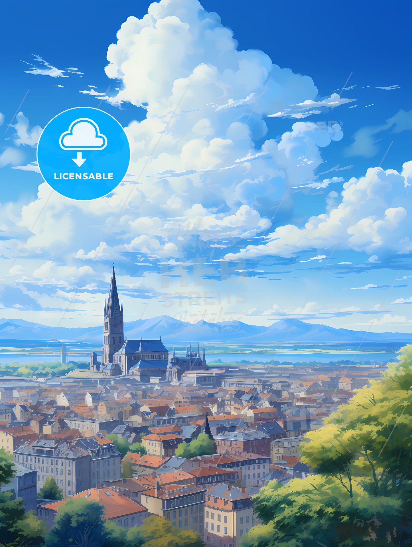 A City With A Tall Tower And A Large Building