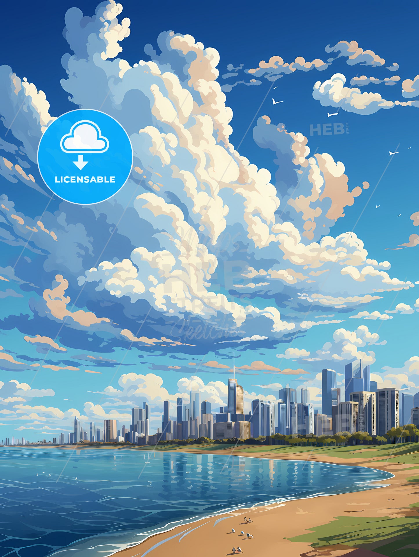 A City Skyline And Water With Clouds