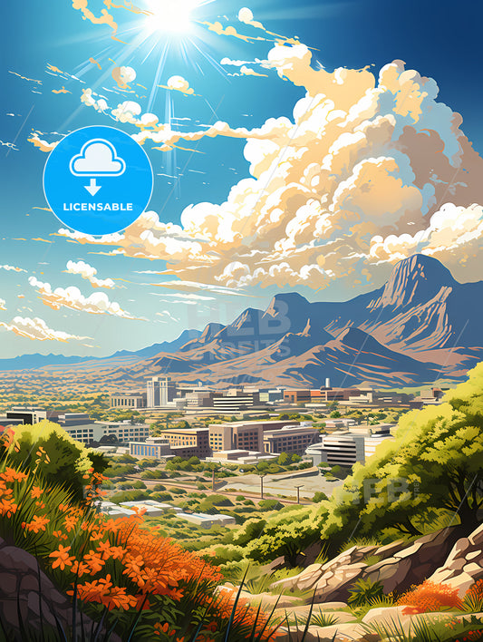 A Landscape Of A City With Mountains And Flowers