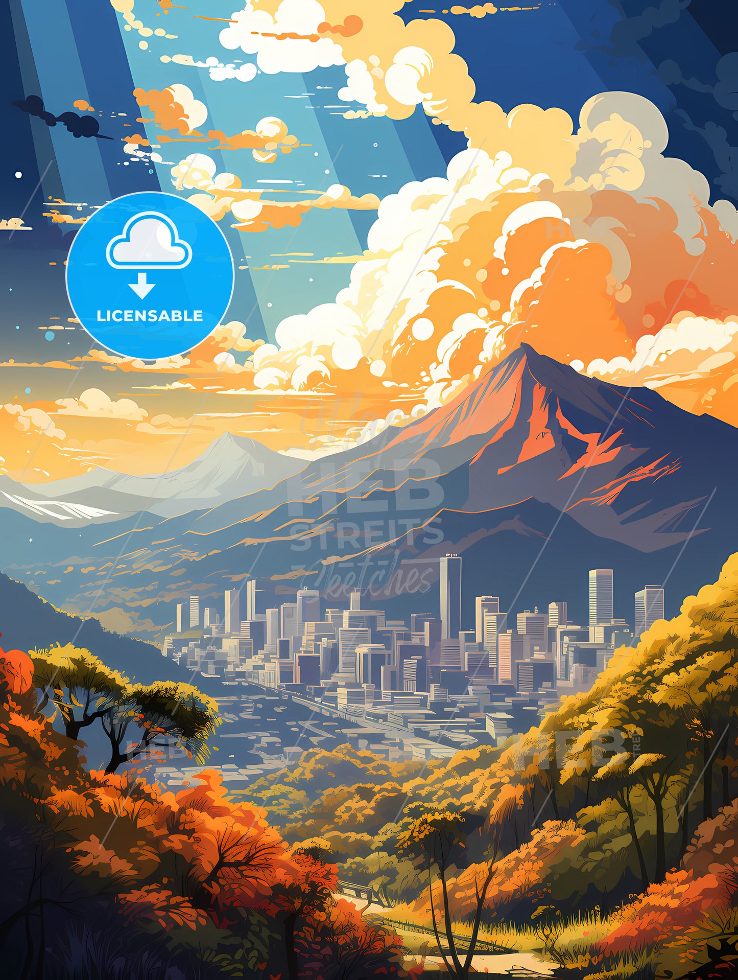 A Landscape Of A City And Mountains