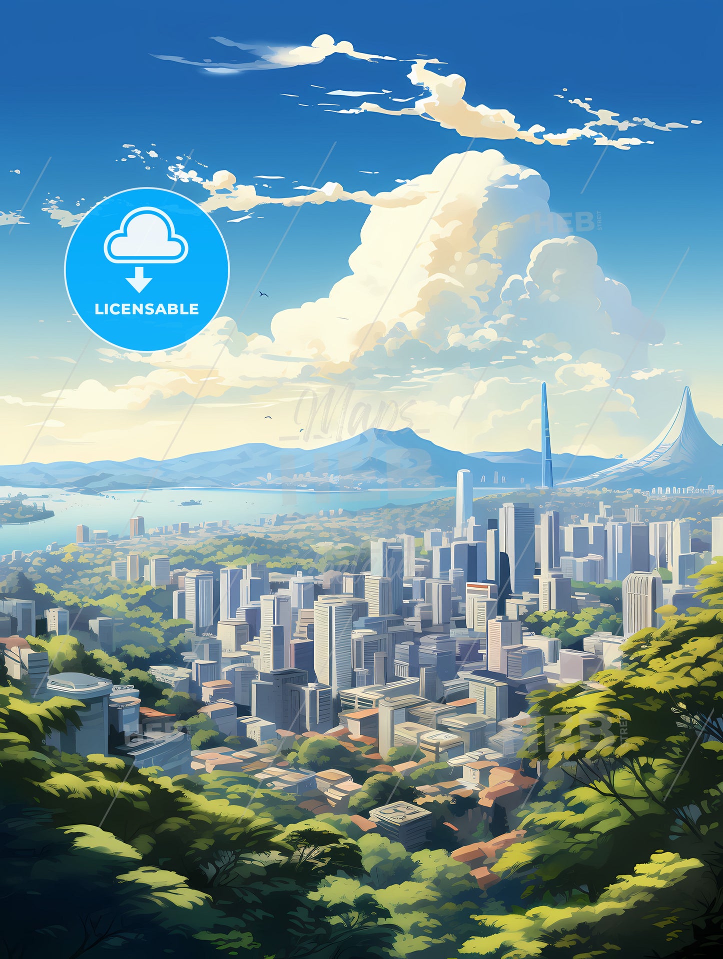 A Cityscape With Trees And Mountains