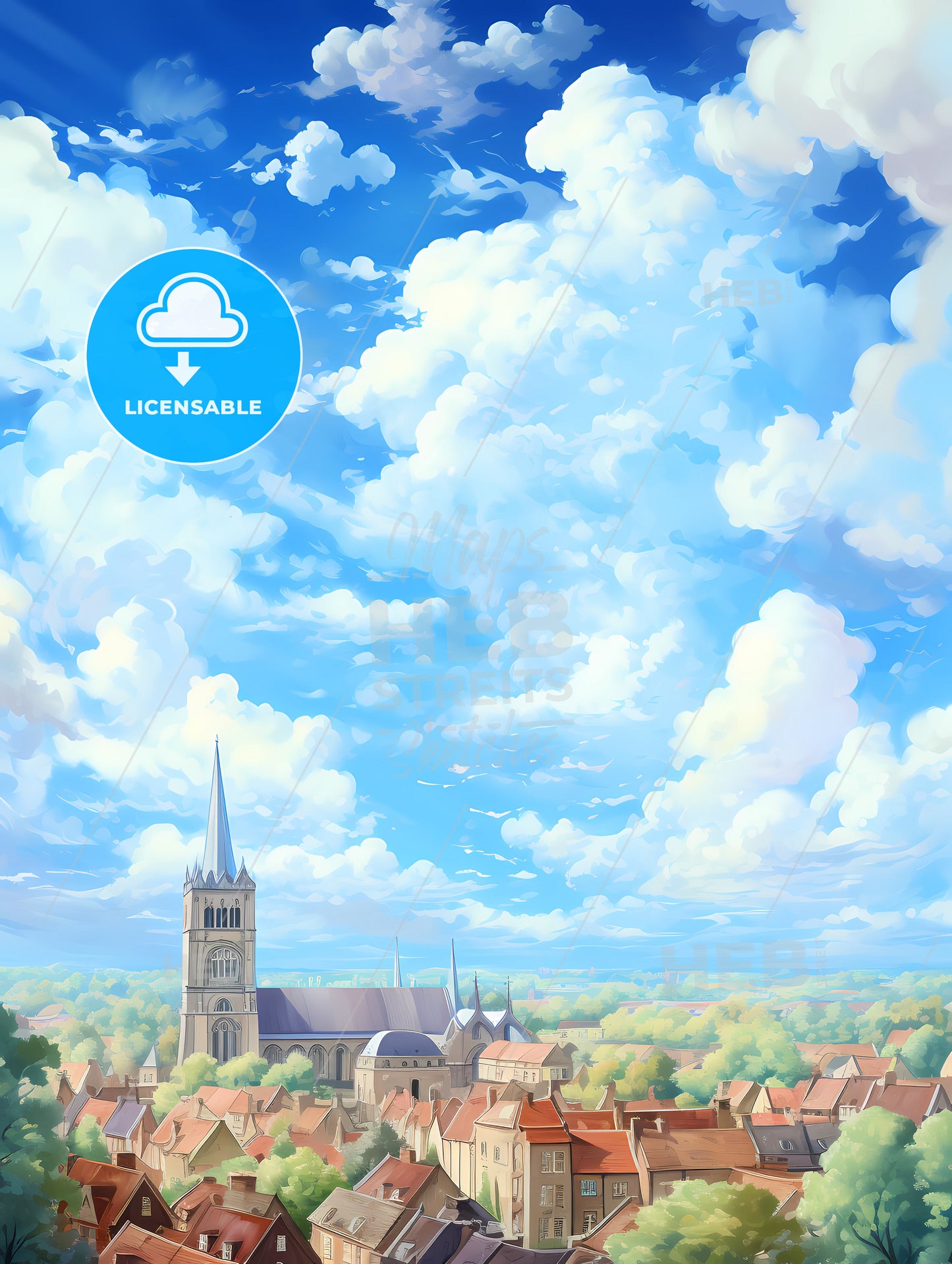 A Church And Buildings With Clouds In The Sky