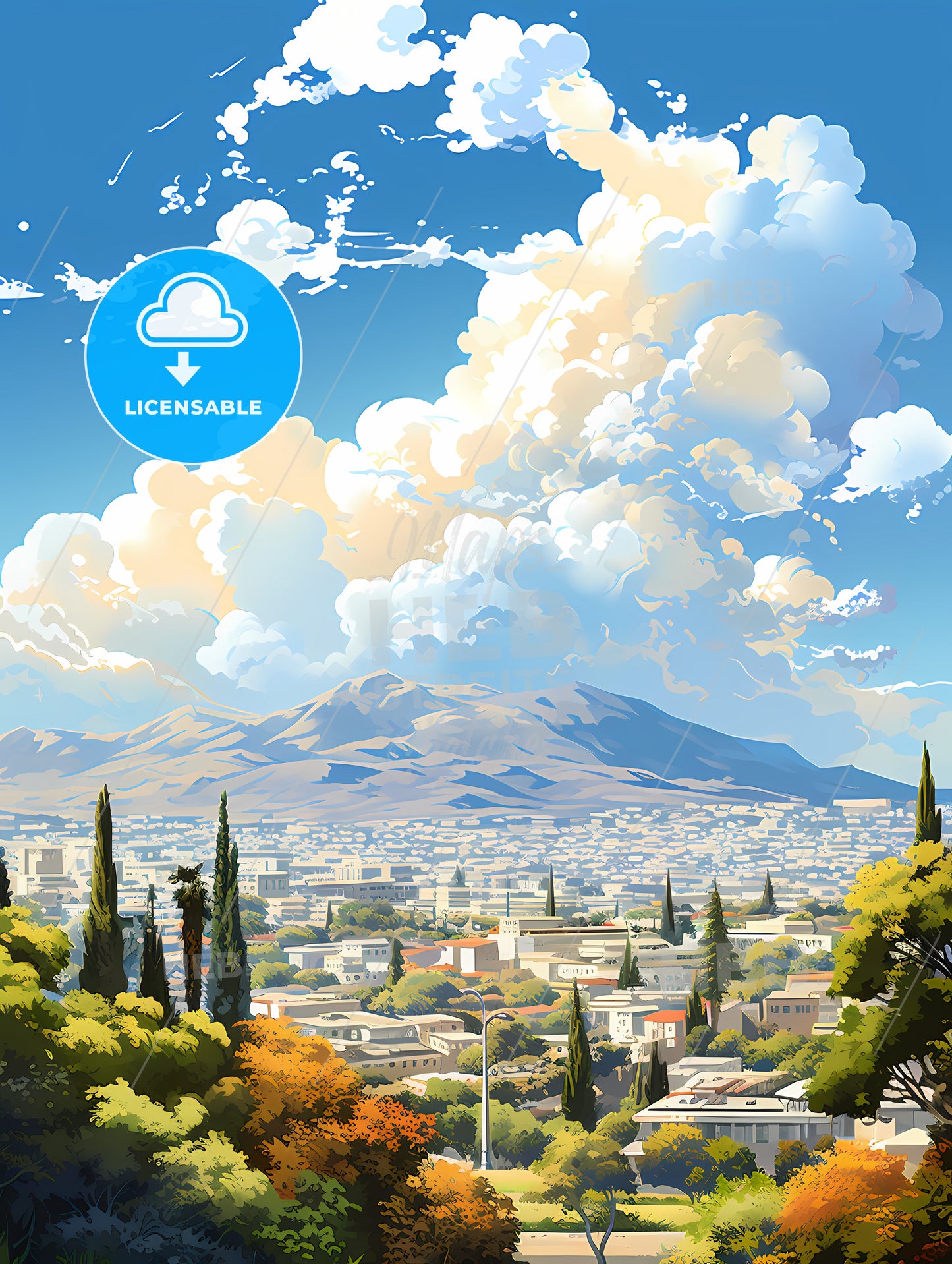 A Landscape Of A City With Trees And Mountains In The Background