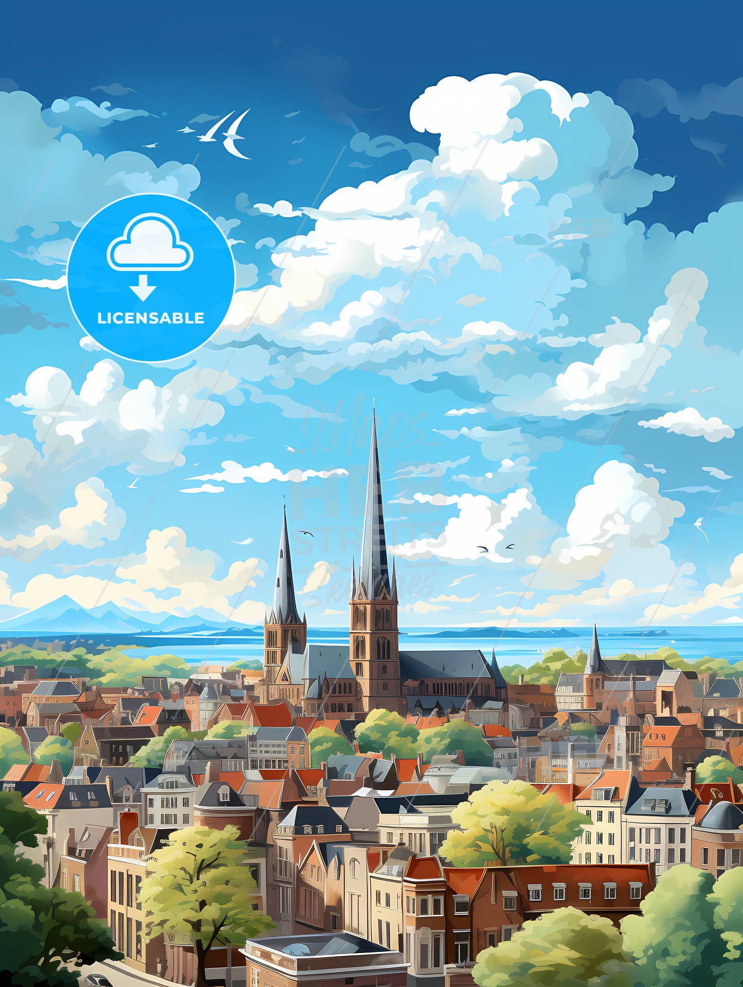 A City With A Tall Spire And Trees