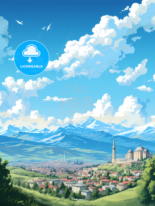 A Landscape With Mountains And Buildings