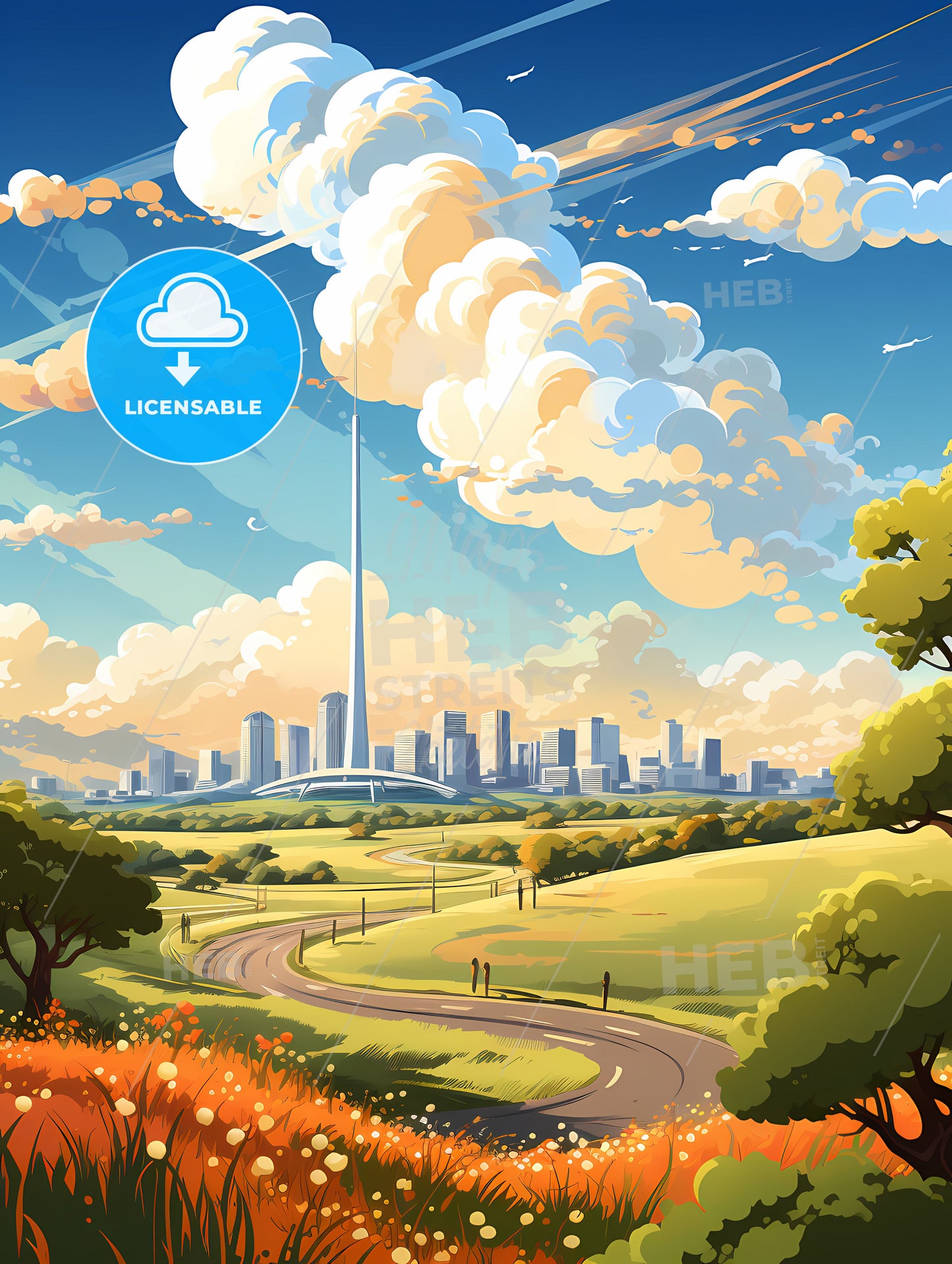 A Landscape With A Road And A City In The Distance