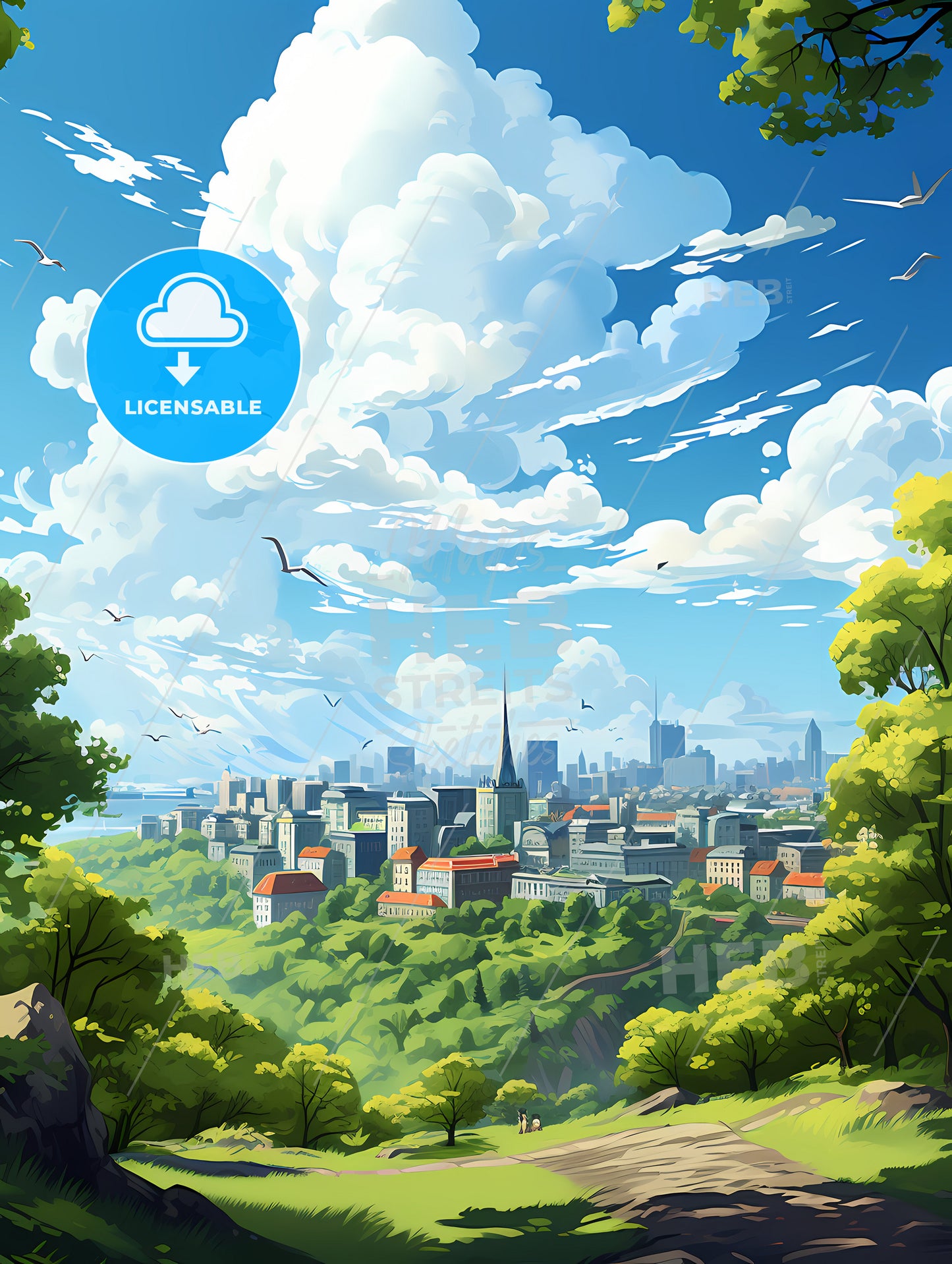 A City Landscape With Trees And Birds Flying In The Sky