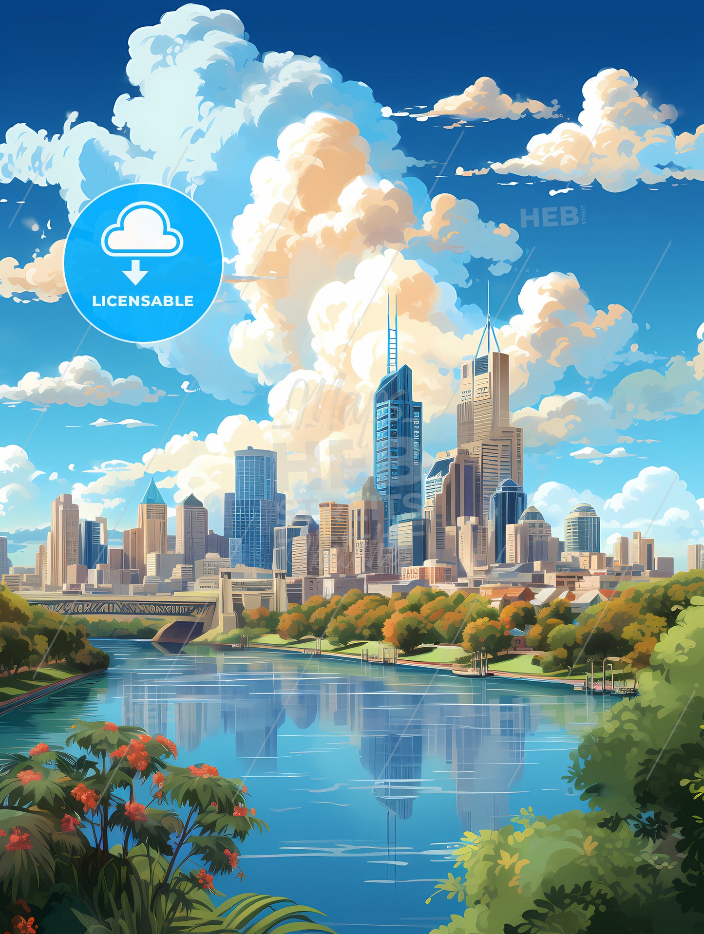 A Cityscape With Trees And A River