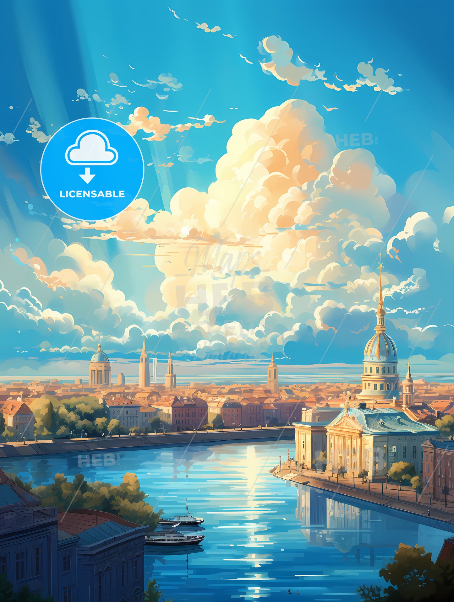 A River With Buildings And Clouds In The Sky