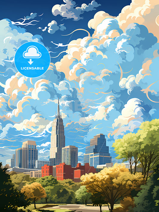 A Cityscape With Clouds And Trees