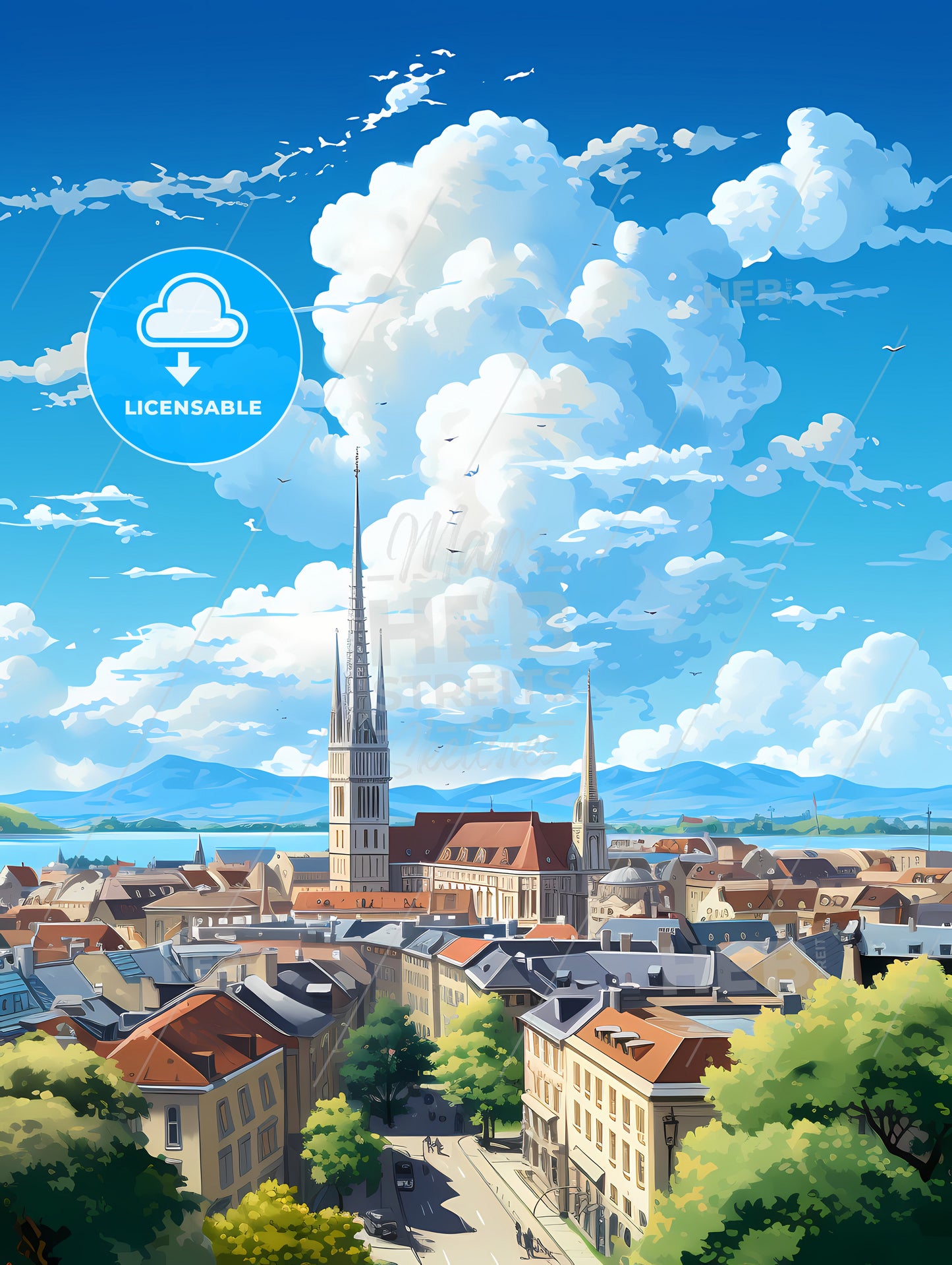 A City With A Tall Tower And Trees