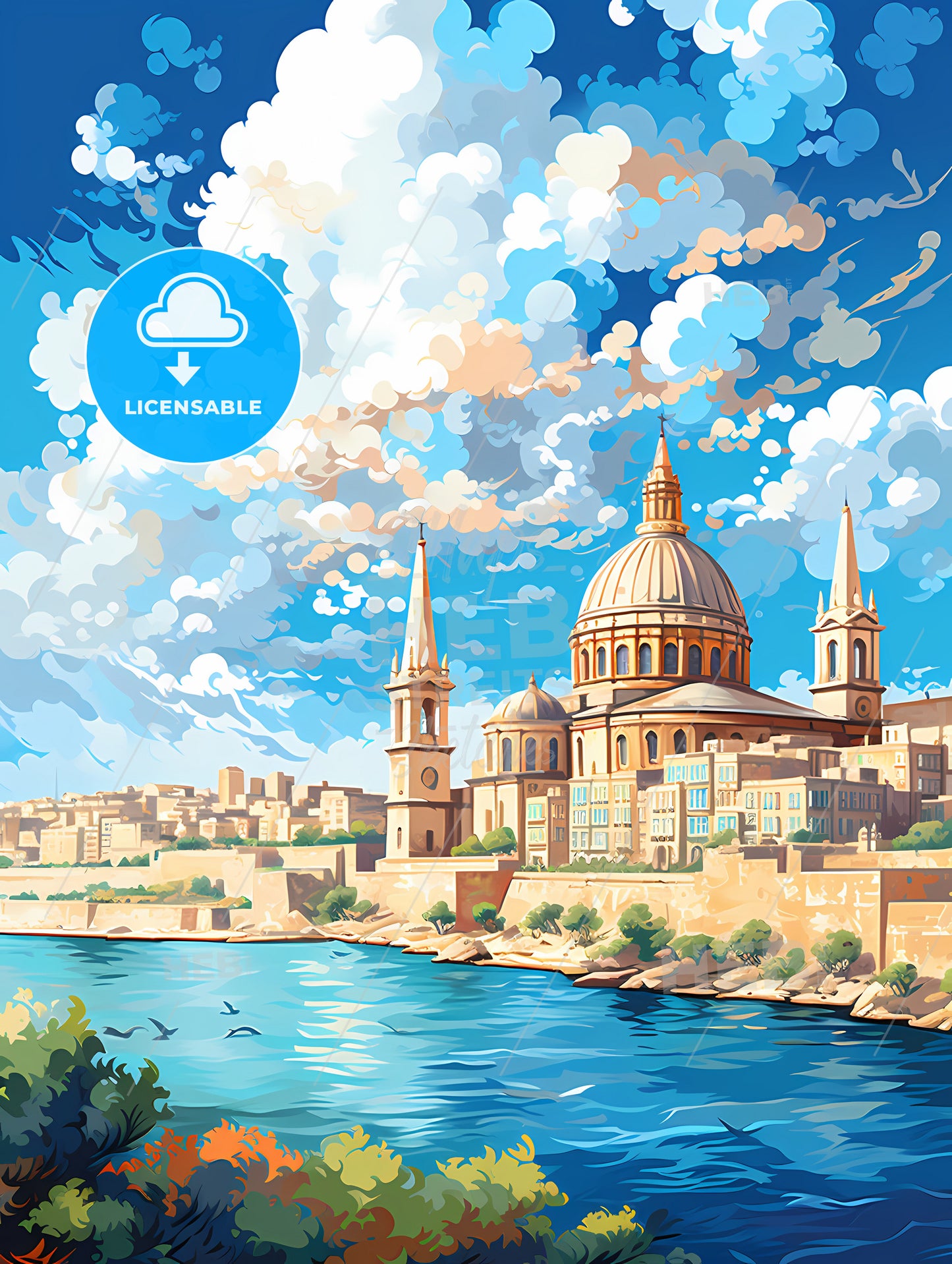 A Painting Of A Building With A Domed Roof And A Body Of Water