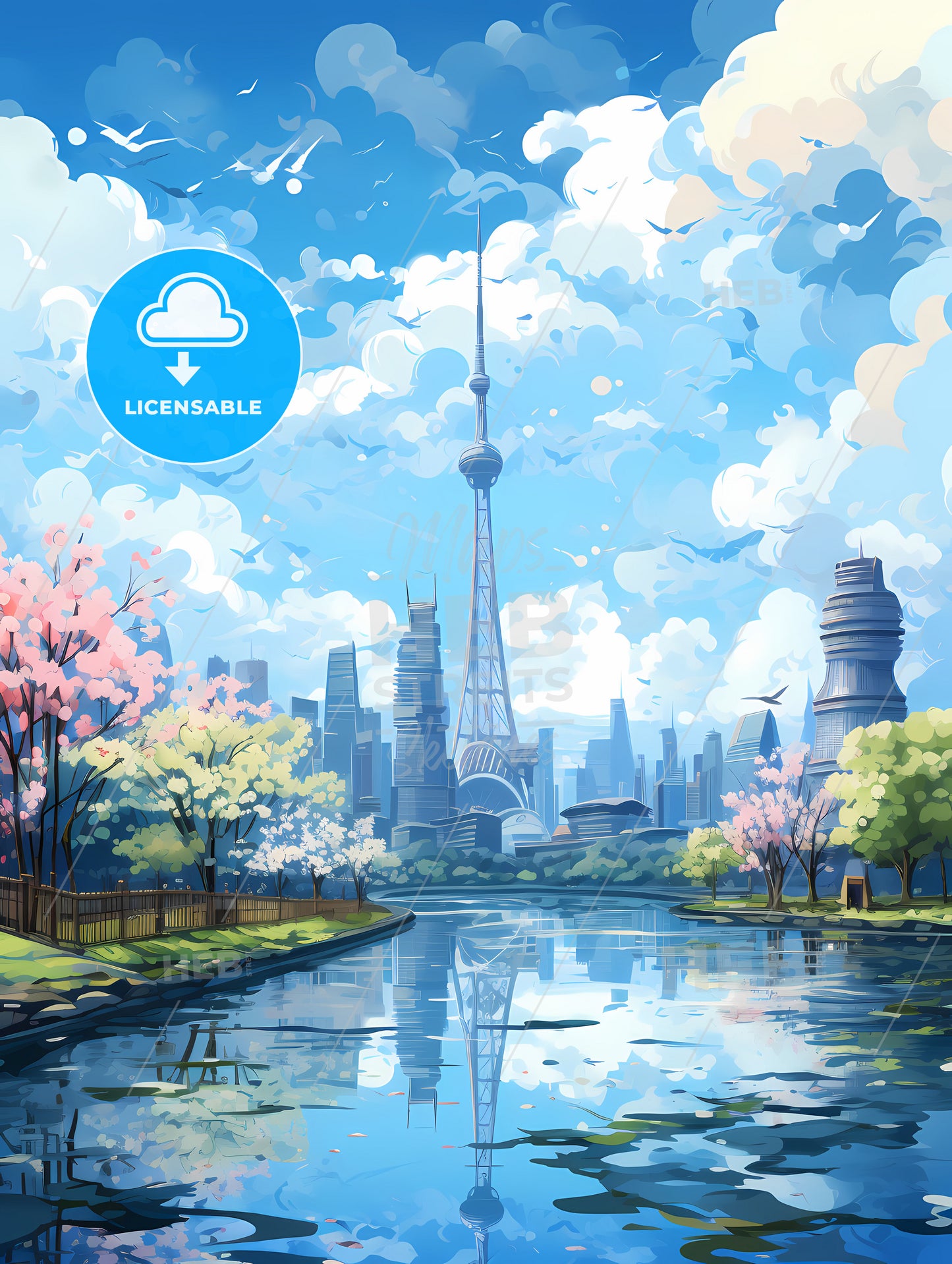 A Water Body With Trees And A Tower In The Background