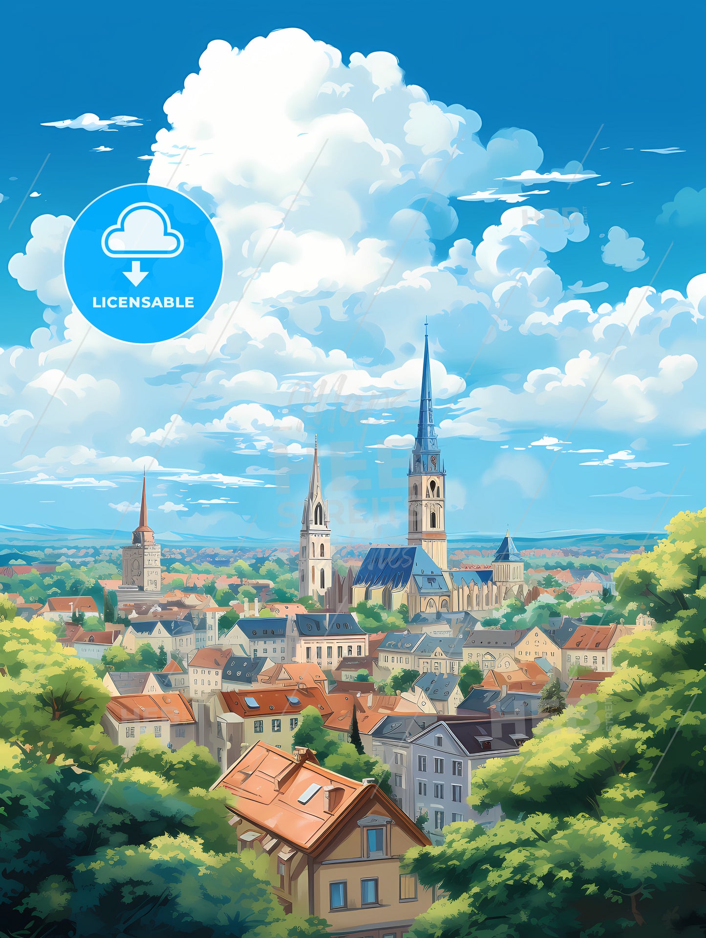 A City With Many Towers And Trees