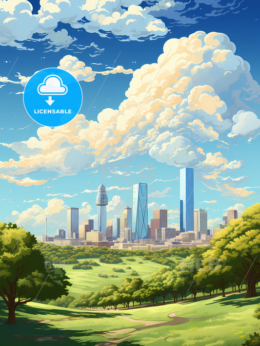 A Landscape Of A City With Trees And Clouds