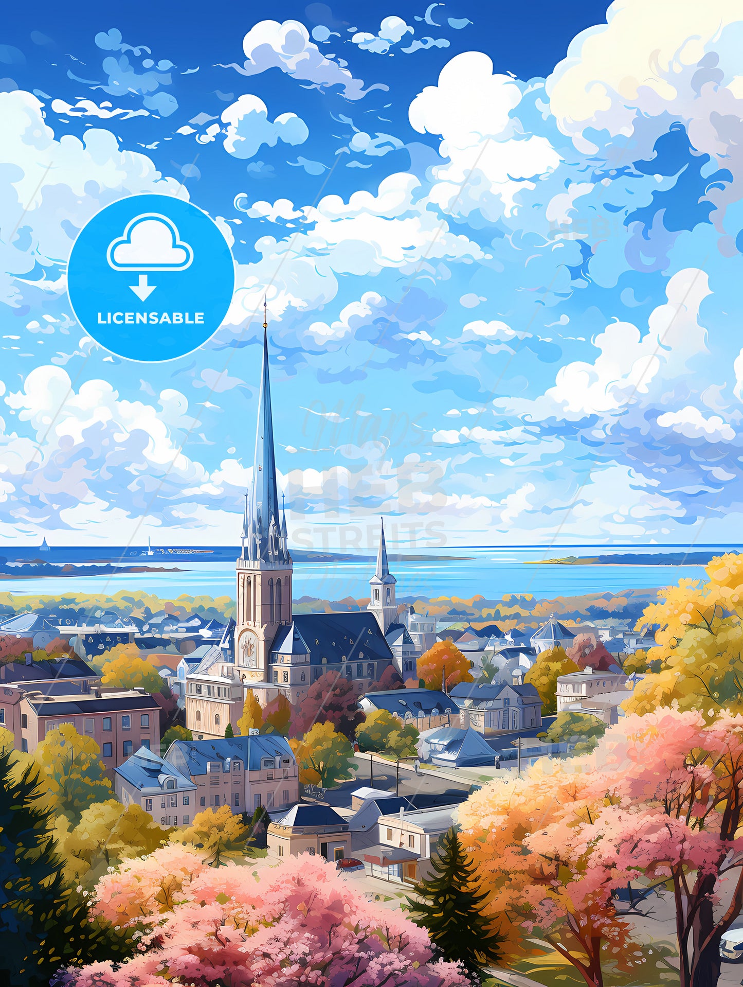 A City With A Steeple And Trees