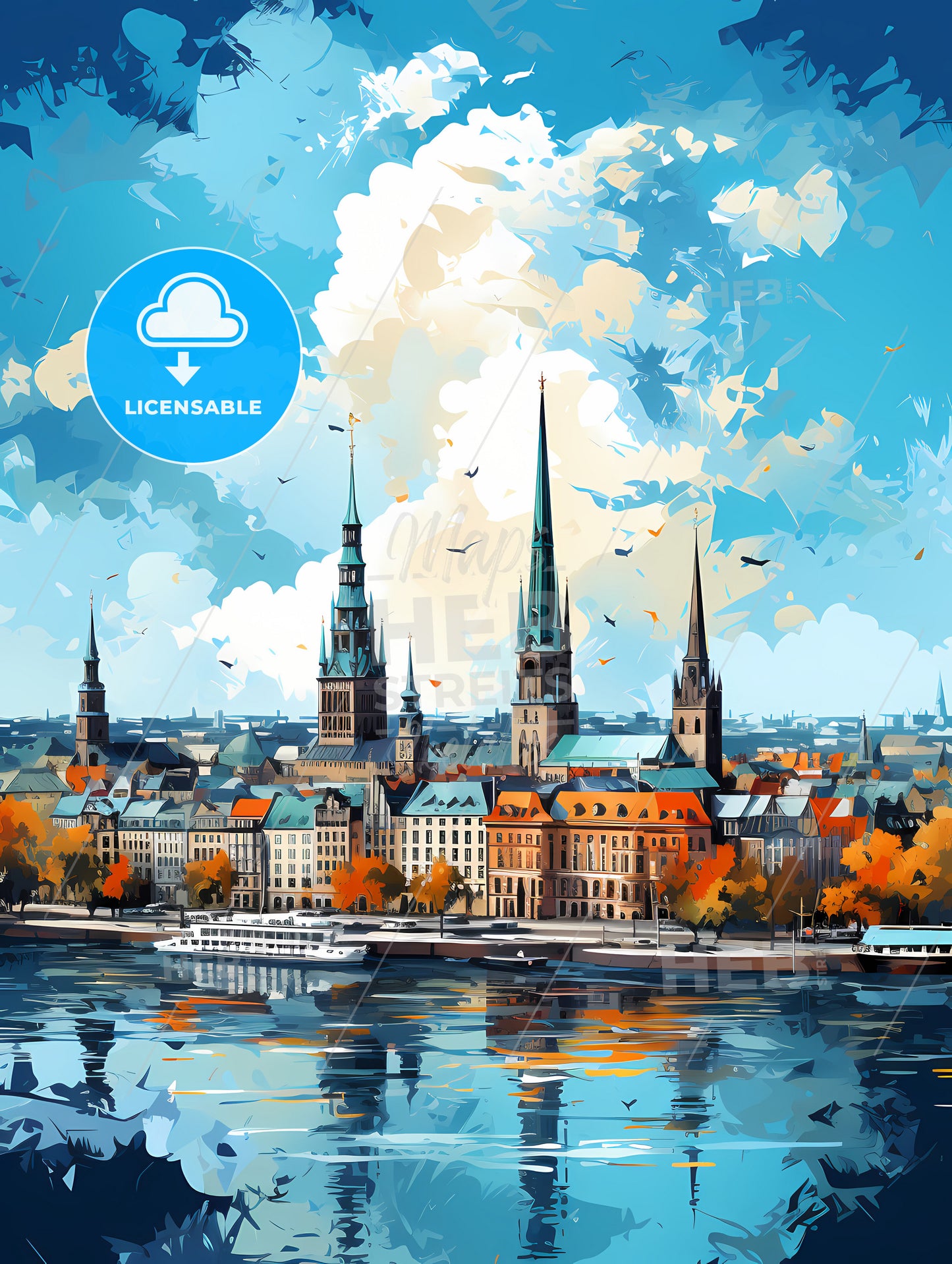 A City With Towers And Trees By Water