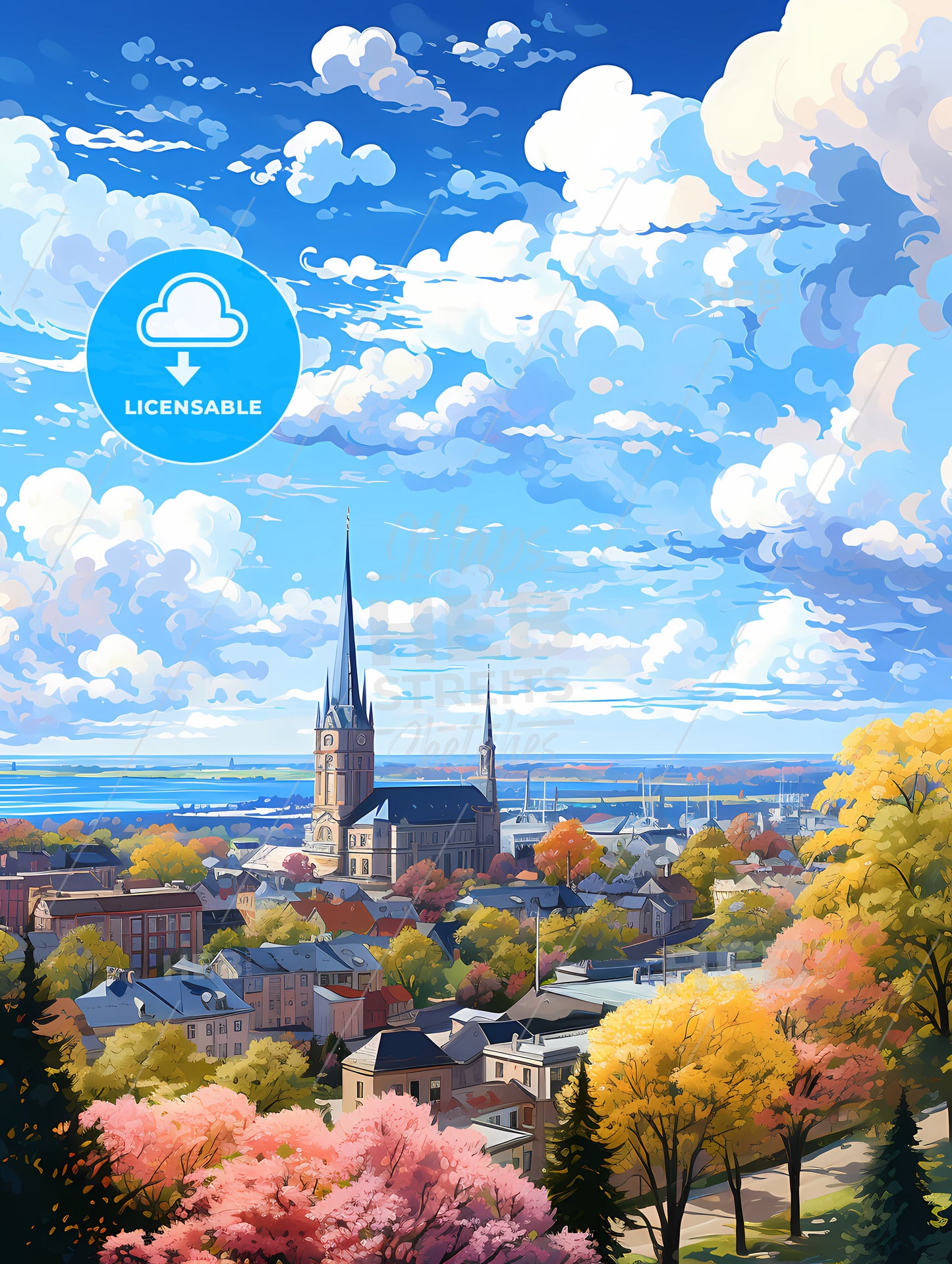 A City With A Church And Trees