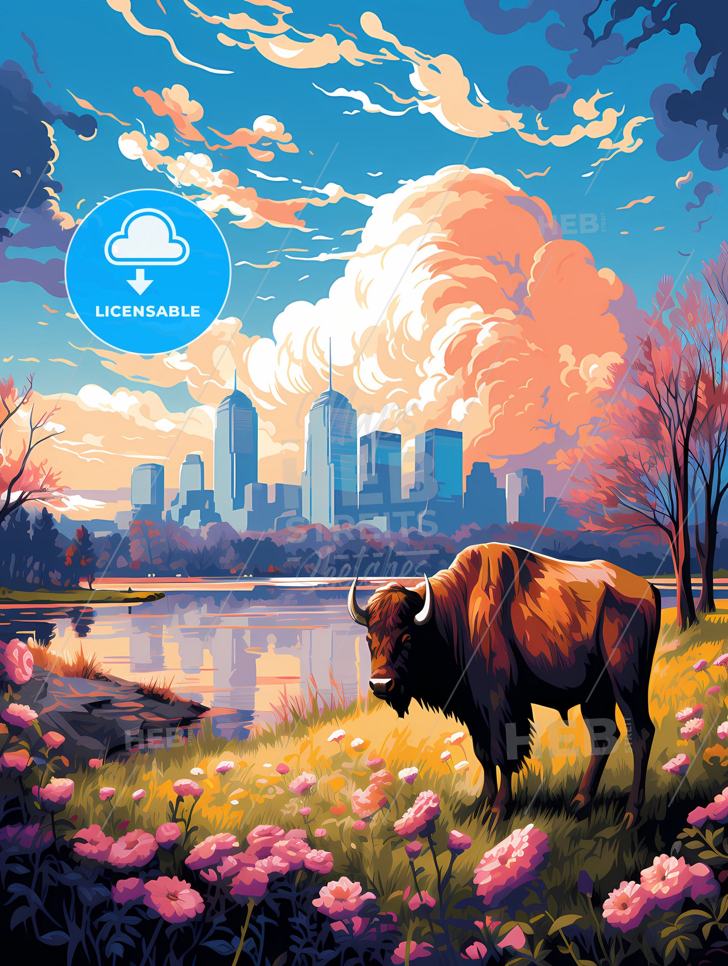 A Buffalo Standing In A Grassy Field Next To A Body Of Water