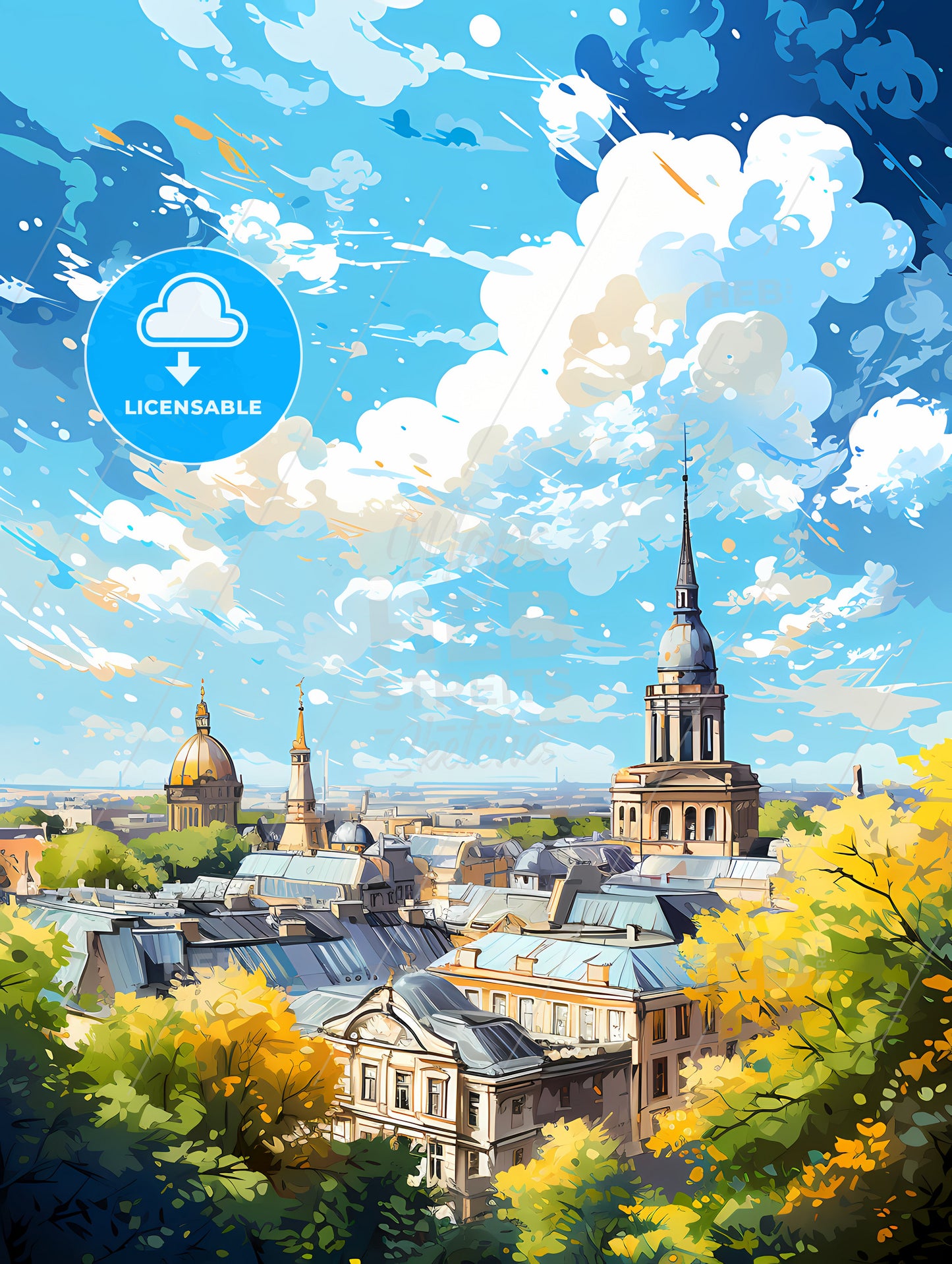 A City With A Steeple And Trees