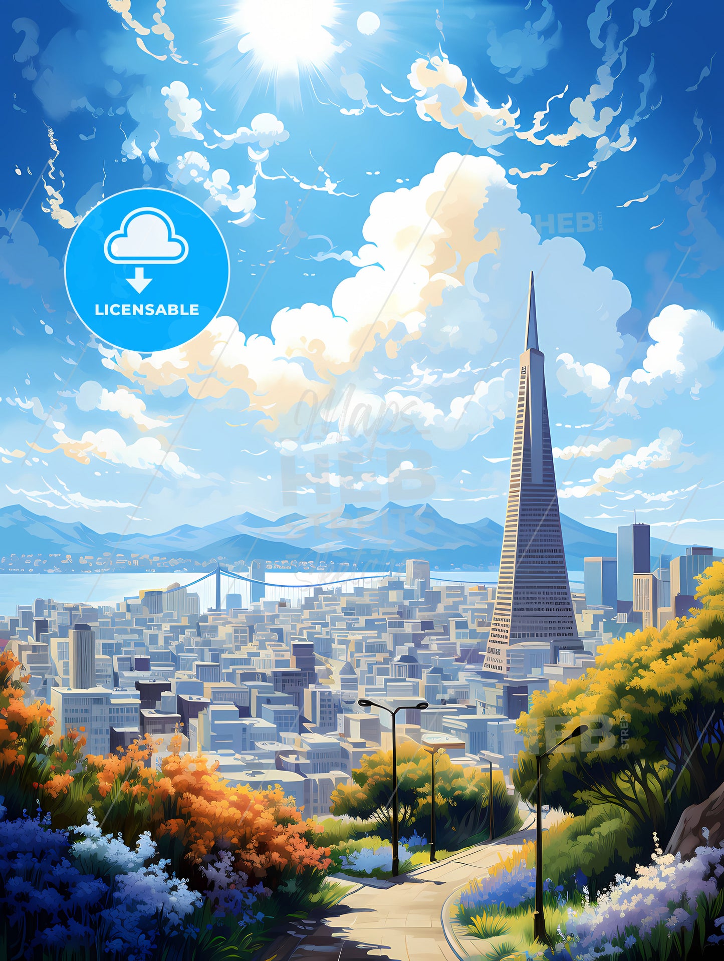 A City Landscape With A Tall Tower And Trees