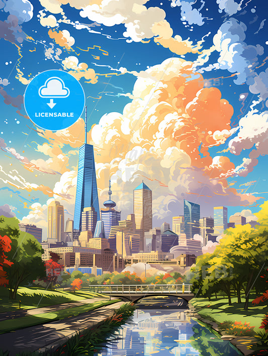 A City Landscape With A Bridge And Trees