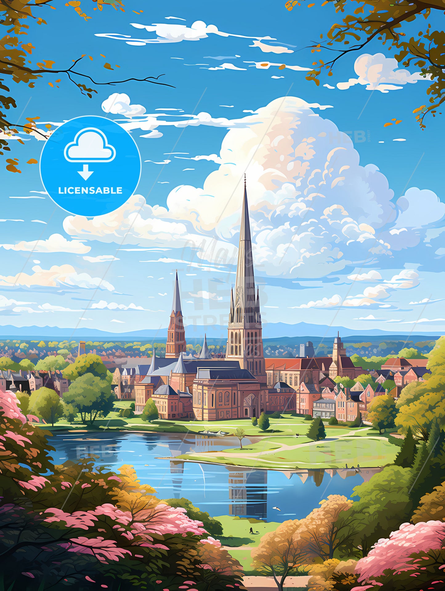 A City With A Lake And Trees