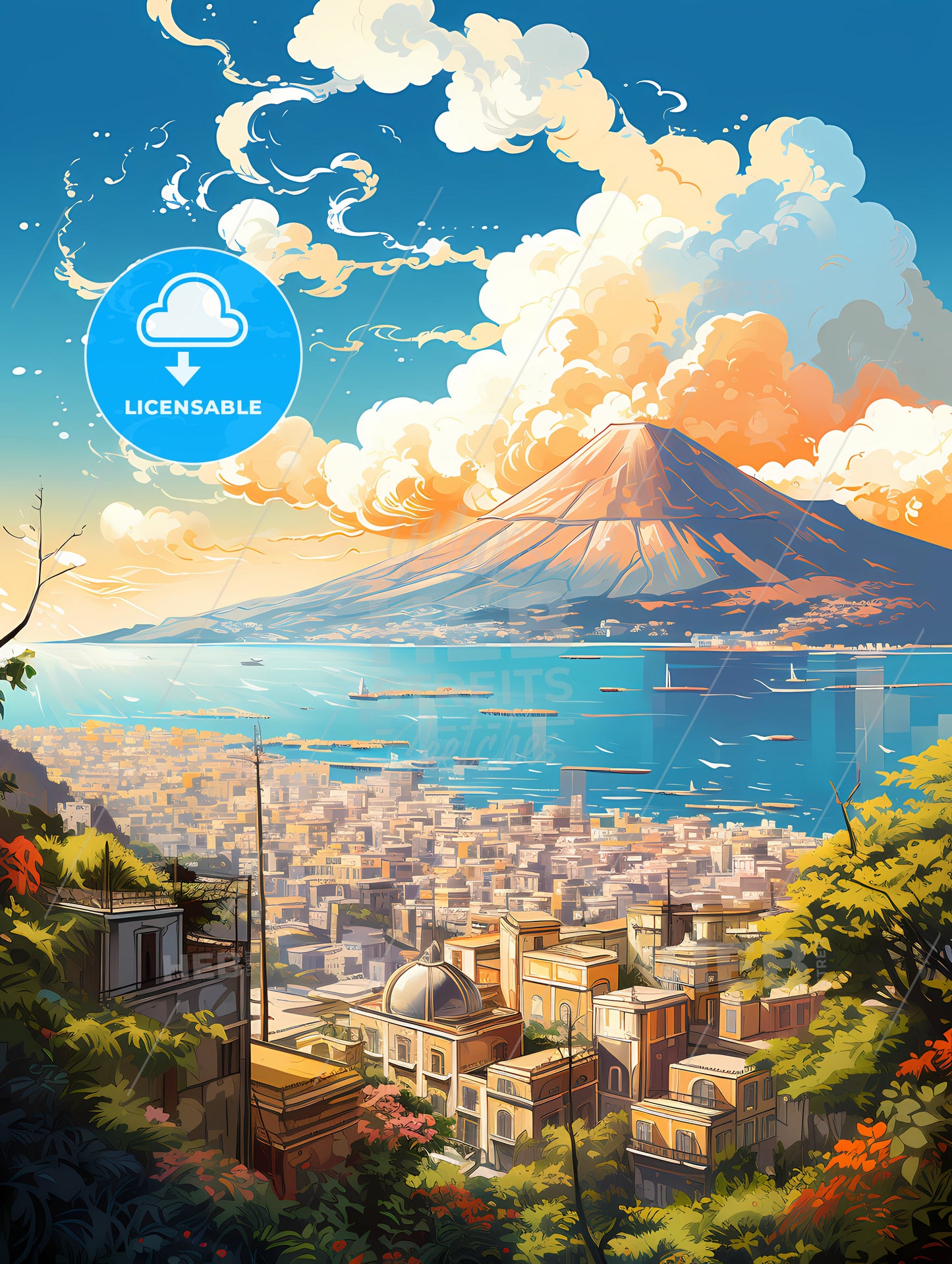 A Landscape Of A City With A Mountain In The Background