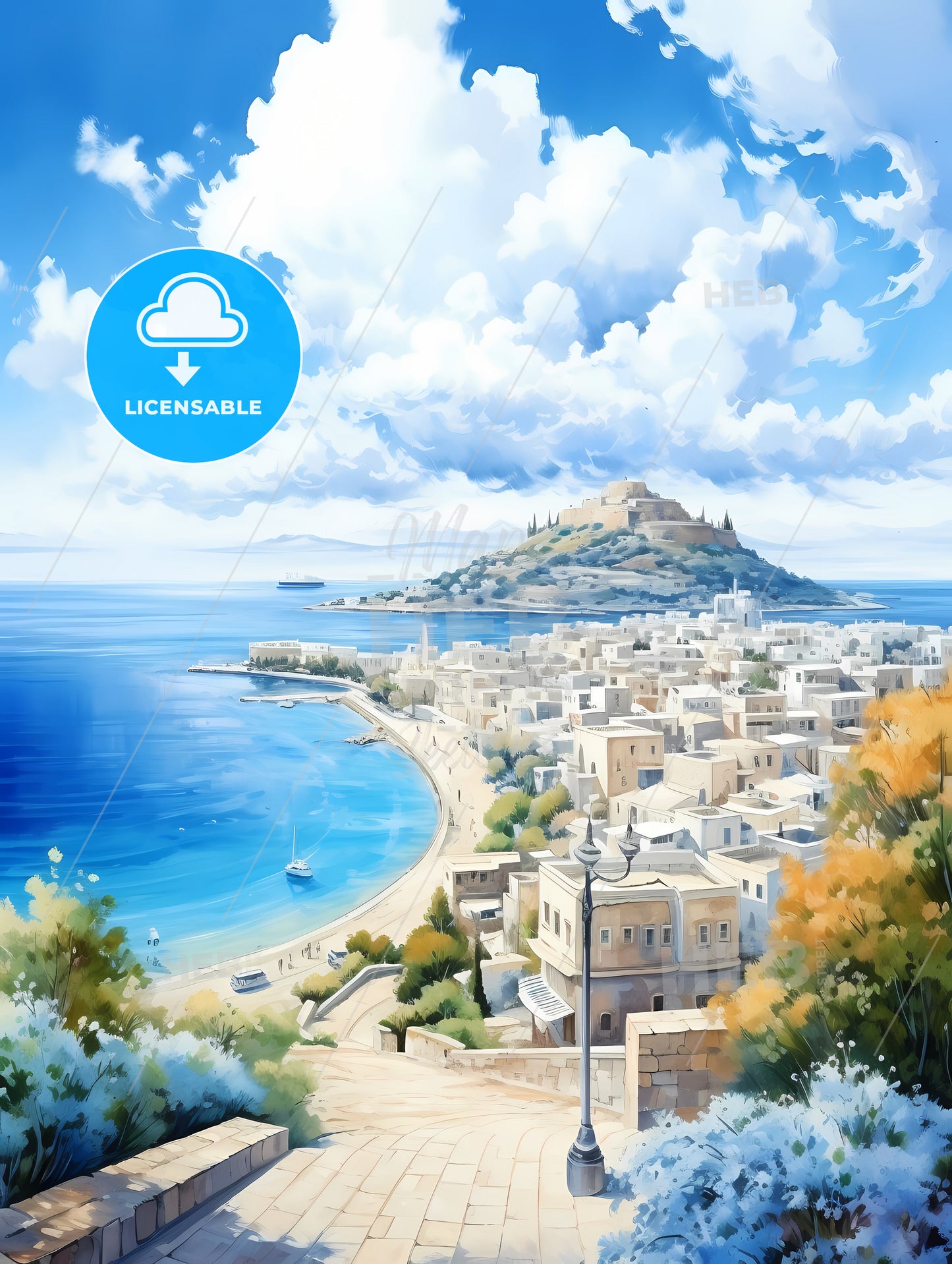 A Watercolor Painting Of A City And A Beach