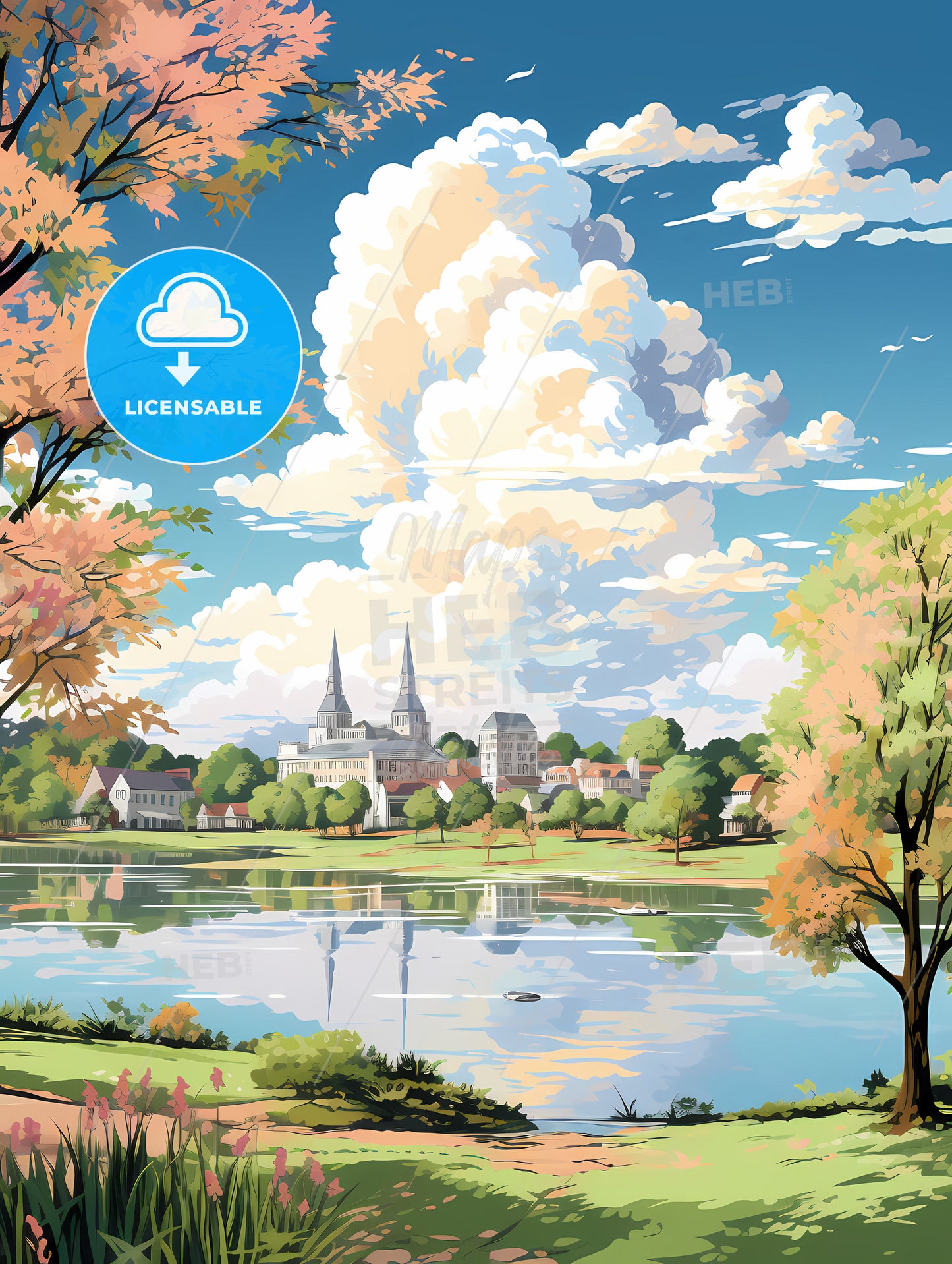 A Landscape Of A Lake With Trees And Buildings