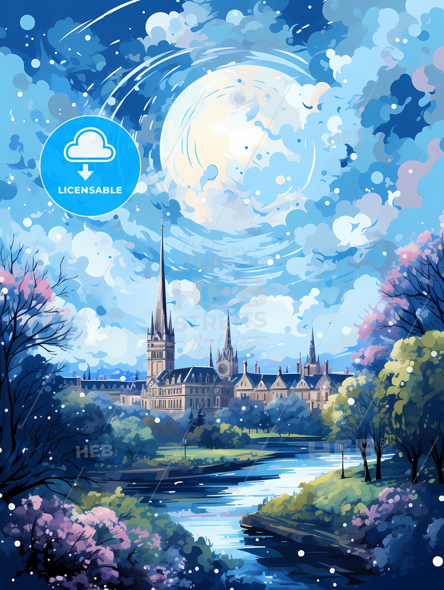 A Painting Of A Castle And A River