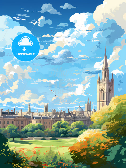 A Large Building With A Tower And Trees