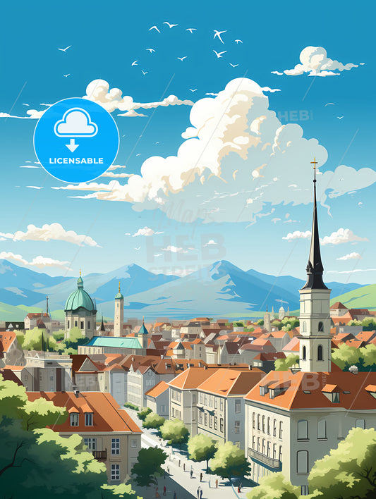 A City With A Steeple And Mountains In The Background