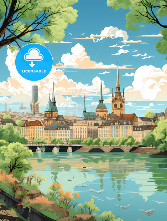 A City With Trees And A Bridge Over Water